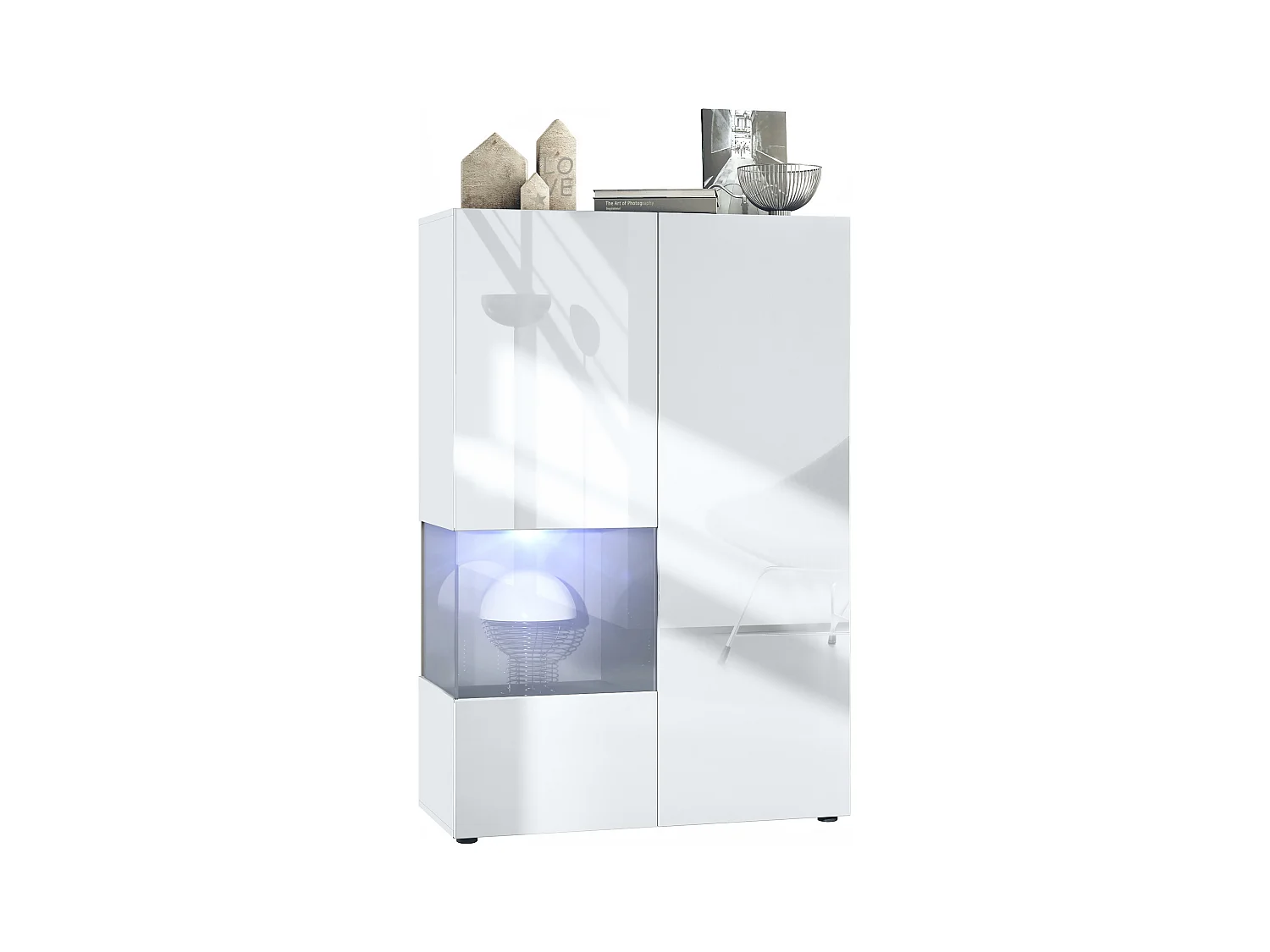 Vitrine Morena V2, vitrine sur pied avec 2 portes et insert en verre, corps blanc mat, façades Blanc brillant, Cube gris brillant avec éclairage LED blanc