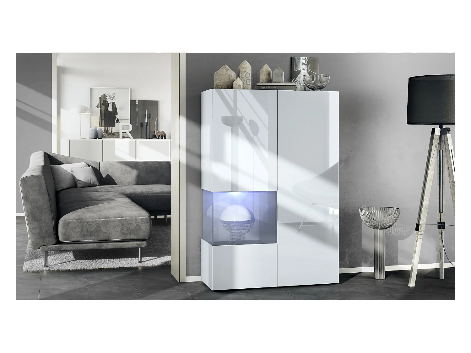 Vitrine Morena V2, vitrine sur pied avec 2 portes et insert en verre, corps blanc mat, façades Blanc brillant, Cube gris brillant avec éclairage LED blanc