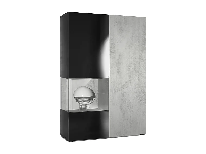 Vitrine Armoire Morena, Corps en Noir mat / Porte droite et insert en Aspect Béton Oxyde