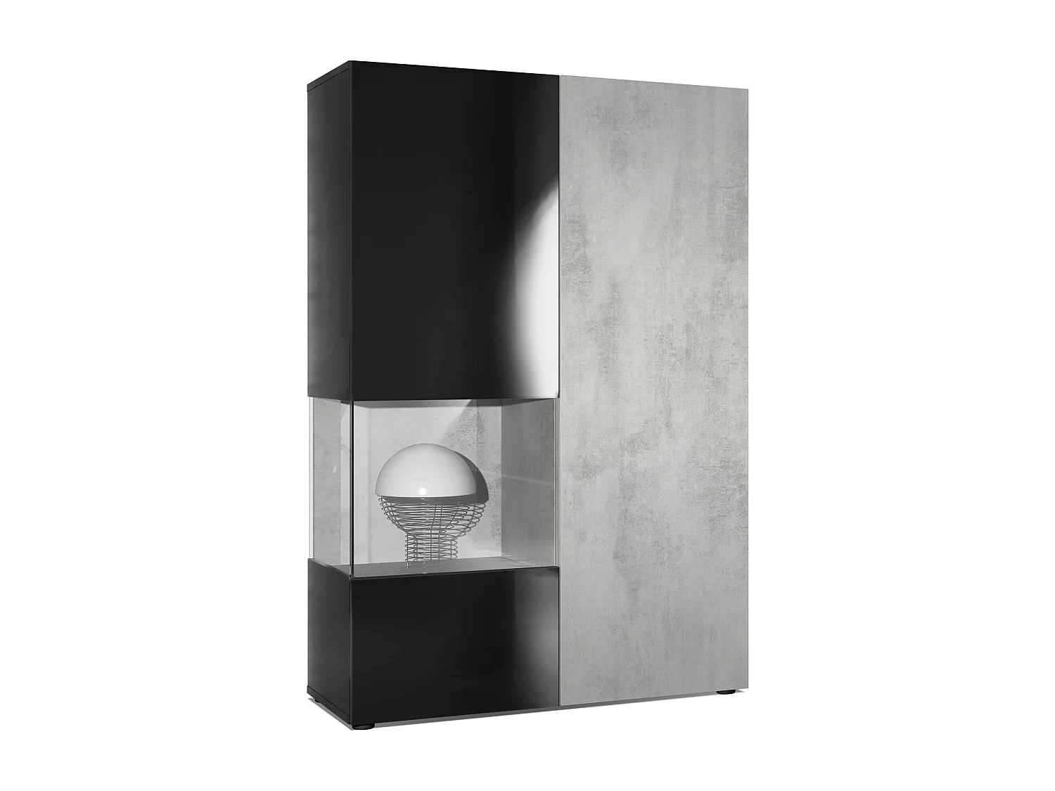 Vitrine Armoire Morena, Corps en Noir mat / Porte droite et insert en Aspect Béton Oxyde