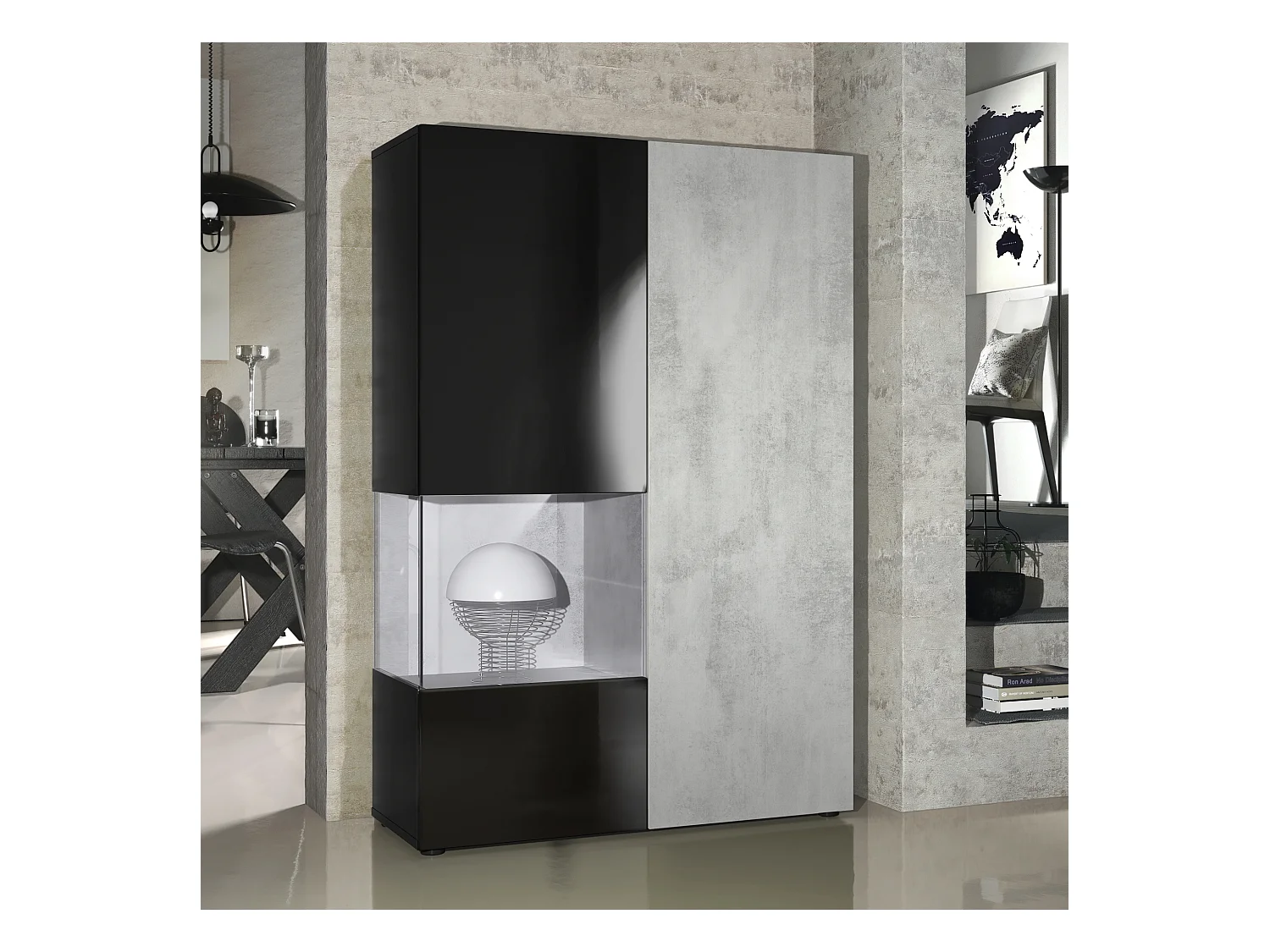 Vitrine Armoire Morena, Corps en Noir mat / Porte droite et insert en Aspect Béton Oxyde