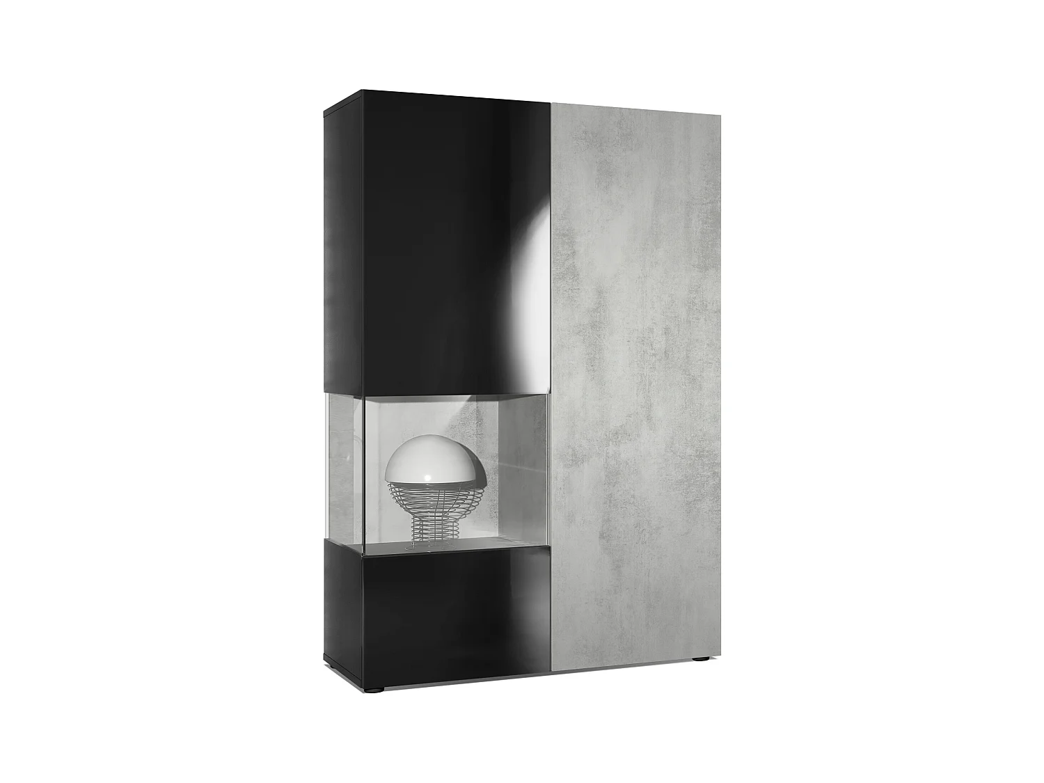 Vitrina Cómoda Morena, cuerpo en negro mate/ puerta derecha e inserción con apariencia de óxido de hormigón