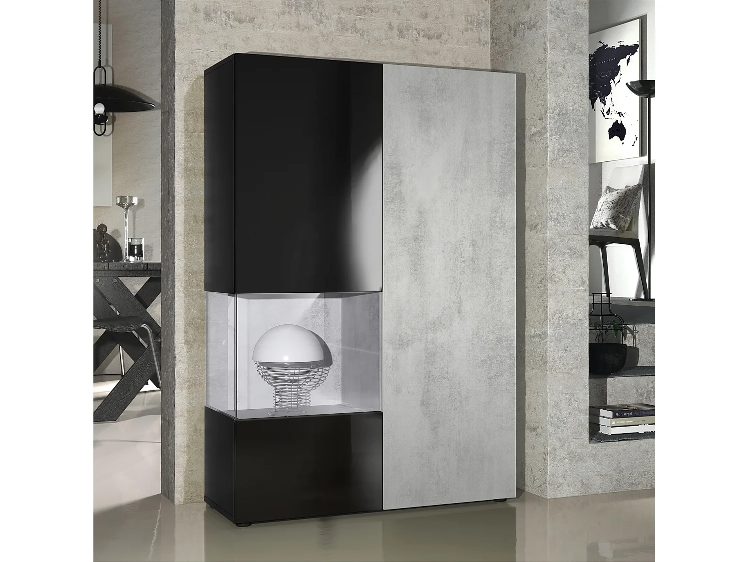 Armadio espositivo alto Morena, struttura in nero opaco / anta destra e inserto in grigio ossido.