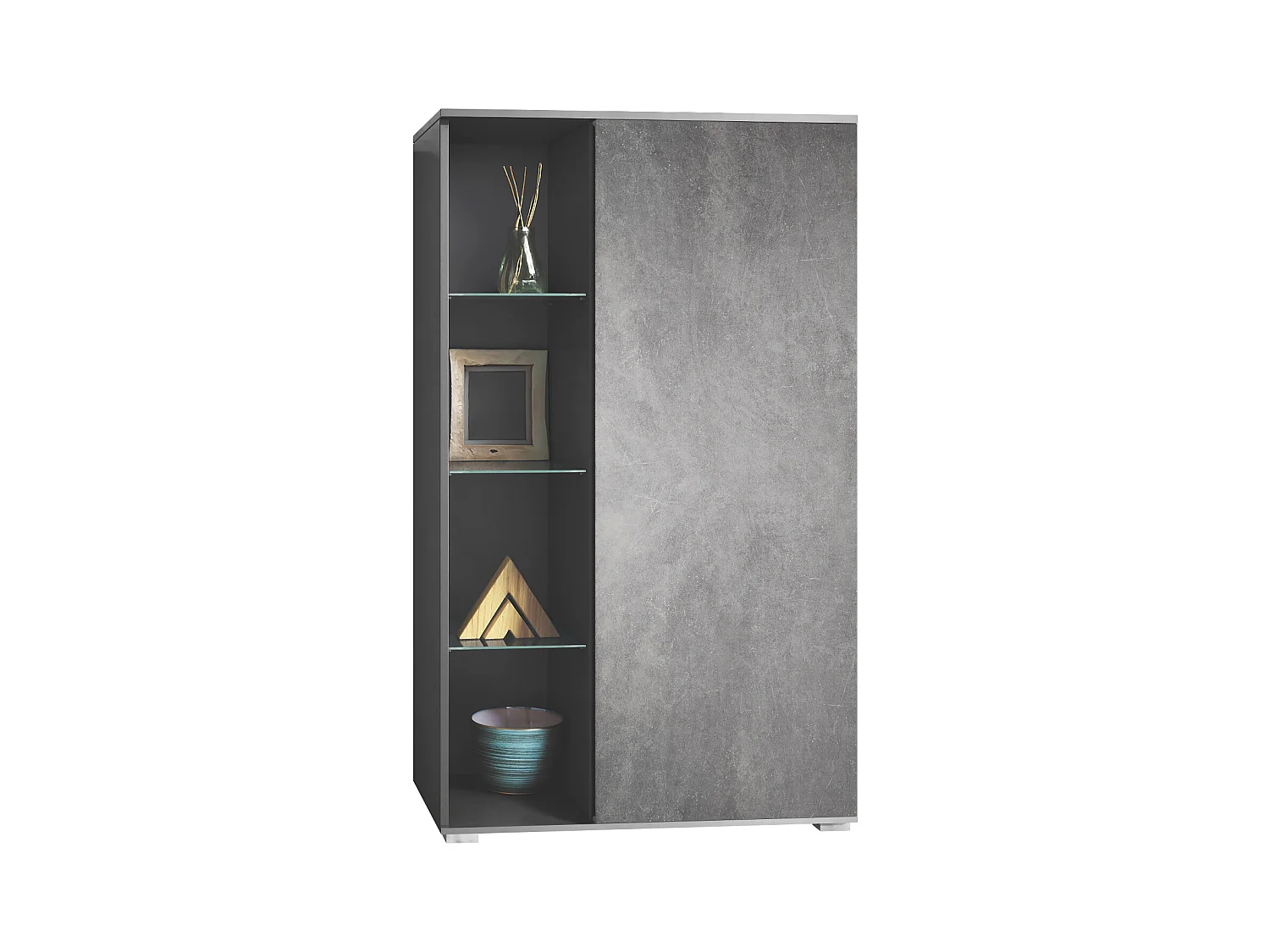 Vitrine Davos, vitrine sur pied avec 3 étagères en verre et 8 compartiments, anthracite mat/Gris pierre  (71,5 x 134 x 35 cm)