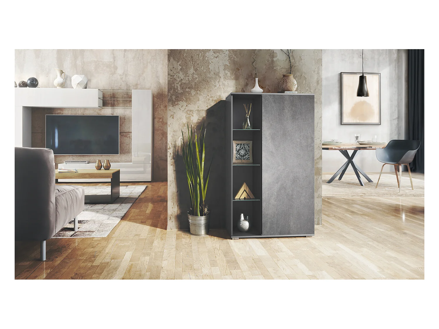 Vitrine Davos, vitrine sur pied avec 3 étagères en verre et 8 compartiments, anthracite mat/Gris pierre  (71,5 x 134 x 35 cm)