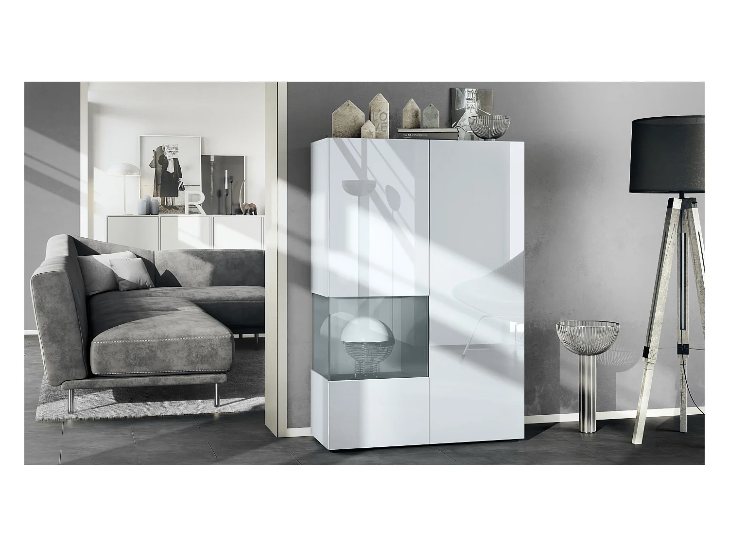 Vitrine Morena V2, vitrine sur pied avec 2 portes et insert en verre, corps blanc mat, façades blanc haute brillance, Cube gris haute brillance