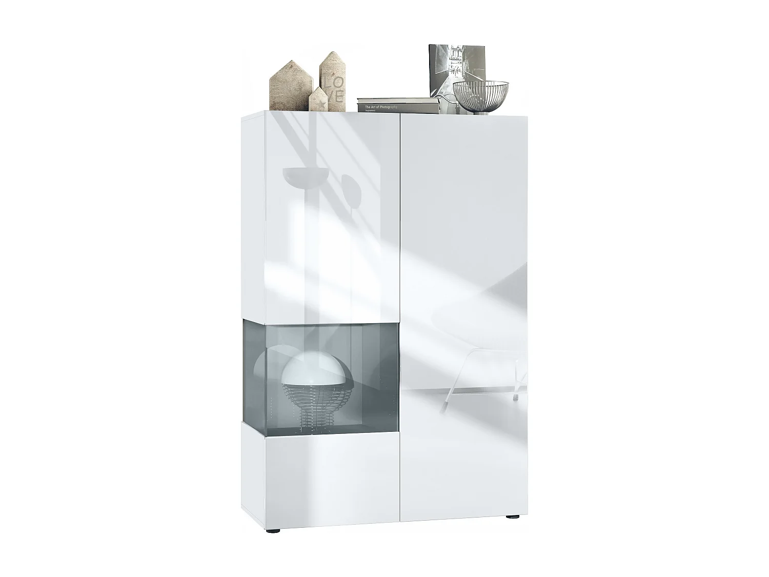 Vetrina Vladon Morena V2, vetrina a pavimento, mobile bianco opaco, frontali bianco lucido, cubo grigio lucido  (91,5 x 136,5 x 37 cm)