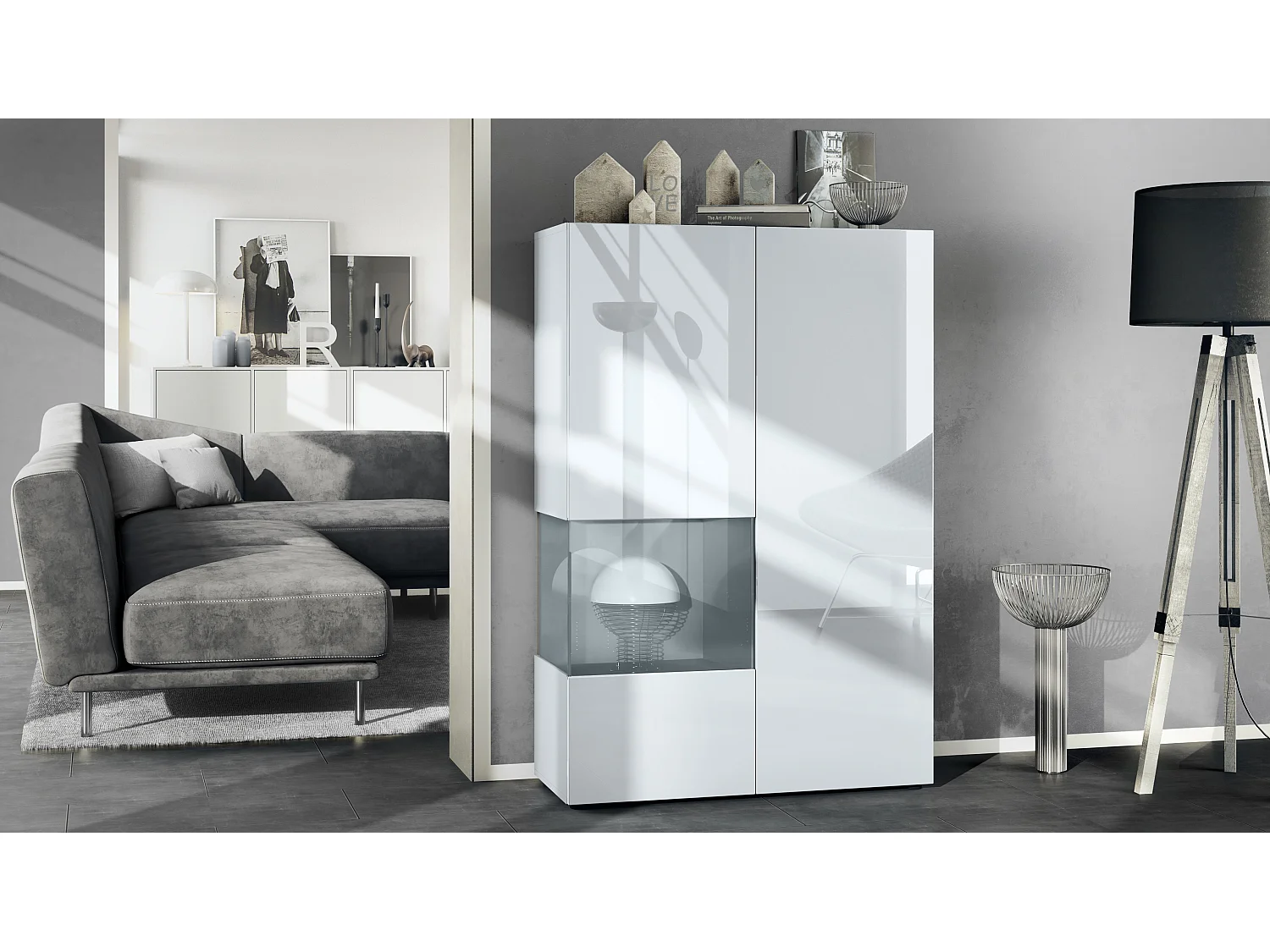 Vetrina Vladon Morena V2, vetrina a pavimento, mobile bianco opaco, frontali bianco lucido, cubo grigio lucido  (91,5 x 136,5 x 37 cm)