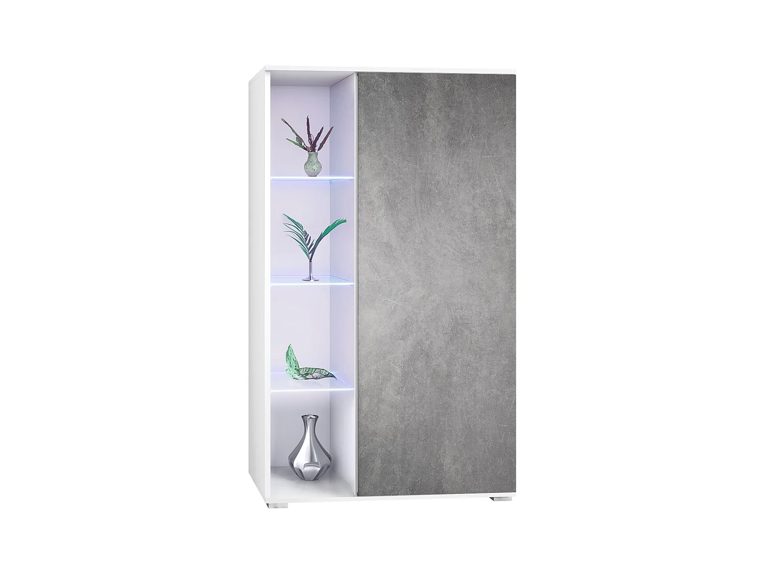 Vitrina Davos, vitrina independiente con 3 estantes de cristal y 8 compartimentos incl. LED, blanco mate/Gris piedra  (71,5 x 134 x 35 cm)
