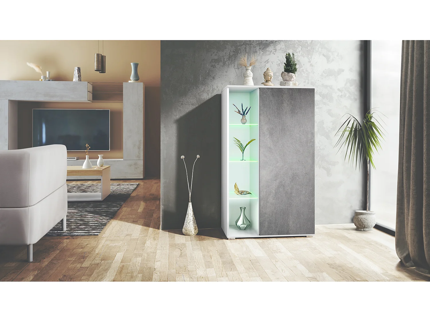 Vitrine Davos, vitrine sur pied avec 3 étagères en verre et 8 compartiments y compris LED, blanc mat/Gris pierre  (71,5 x 134 x 35 cm)