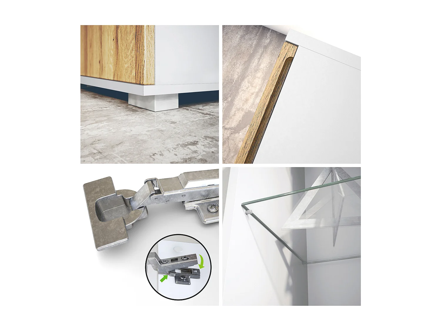 Vitrine Davos, vitrine sur pied avec 3 étagères en verre et 8 compartiments y compris LED, blanc mat/Gris pierre  (71,5 x 134 x 35 cm)