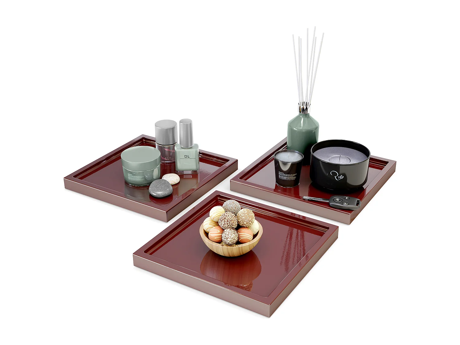 Décoration de table Maya, Plateau rectangulaire décoratif et moderne, Bordeaux haute brillance, 3 pièces (20 x 1,8 x 20 cm)