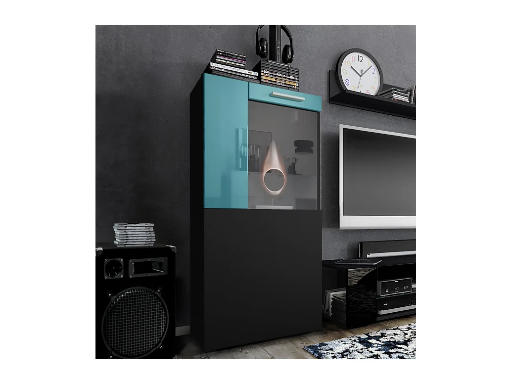 Vitrine de cinéma, noir mat/turquoise haute brillance - Vitrine moderne en verre - (LxHxP) : 50,5 x 111 x 32,5 cm