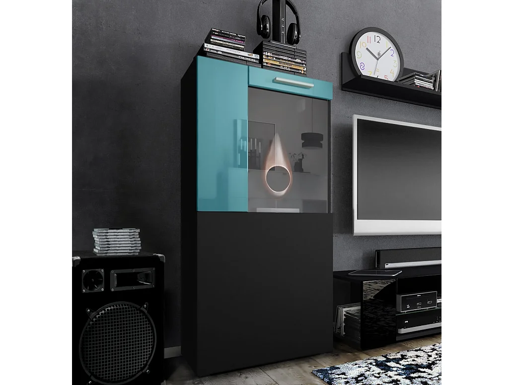 Vladon Vetrina Movie, nero opaco/petrolio lucido - Vetrina moderna in vetro - (LxHxP): 50,5 x 111 x 32,5 cm