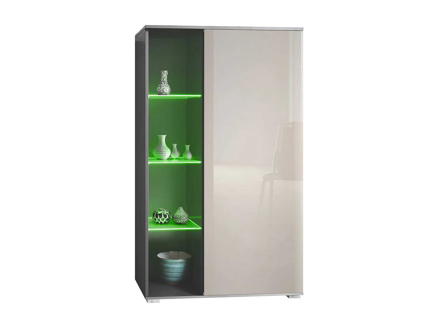 Vitrine Davos, vitrine sur pied avec 3 étagères en verre et 8 compartiments y compris LED, anthracite mat/gris sable haute brillance  (71,5 x 134 x 35 cm)