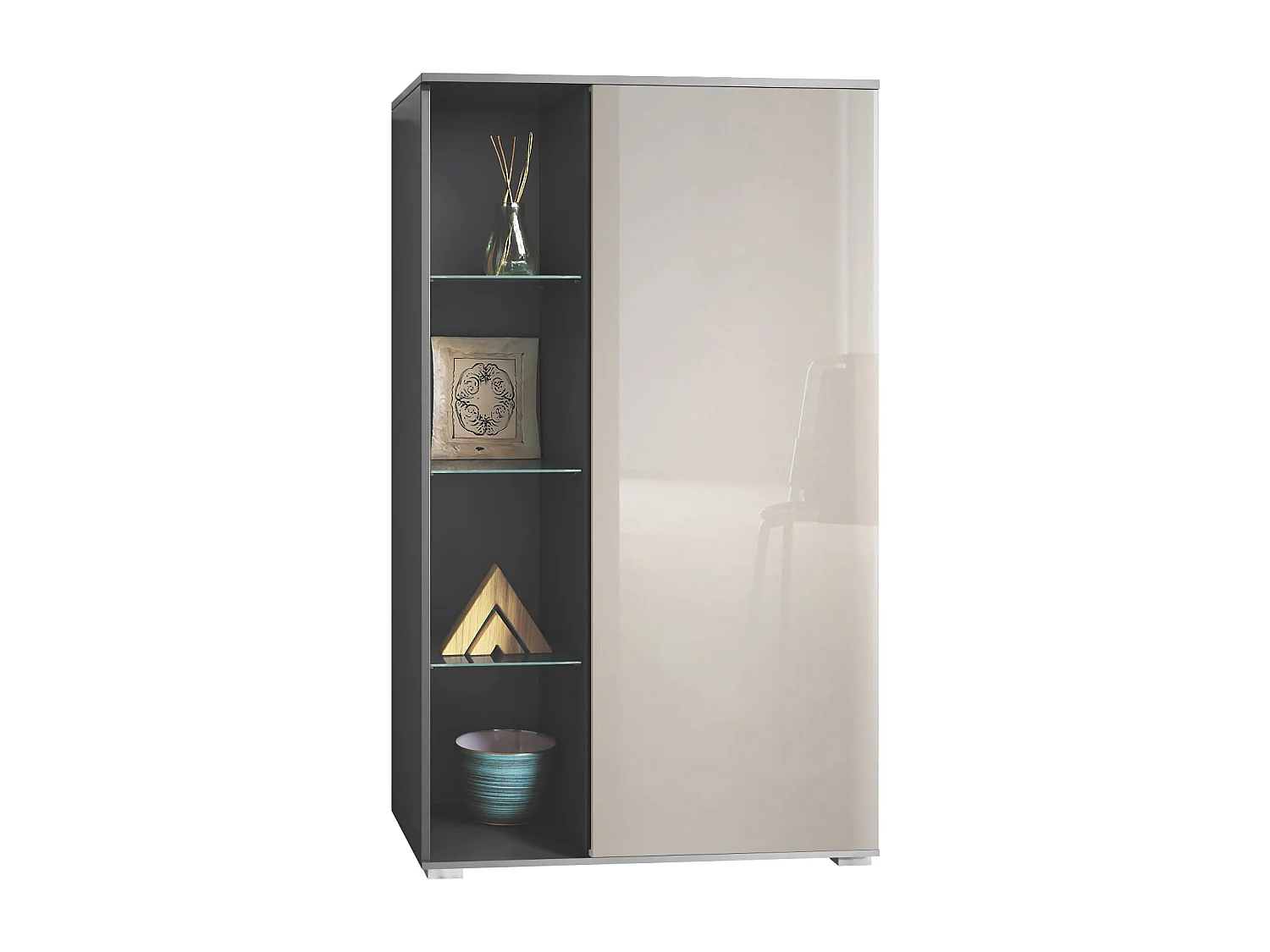 Vitrine Davos, vitrine sur pied avec 3 étagères en verre et 8 compartiments, anthracite mat/gris sable haute brillance  (71,5 x 134 x 35 cm)