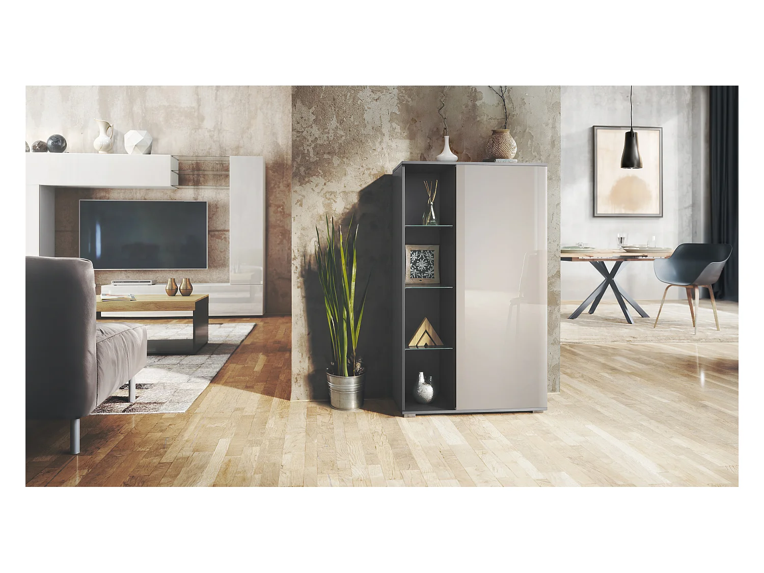 Vitrine Davos, vitrine sur pied avec 3 étagères en verre et 8 compartiments, anthracite mat/gris sable haute brillance  (71,5 x 134 x 35 cm)