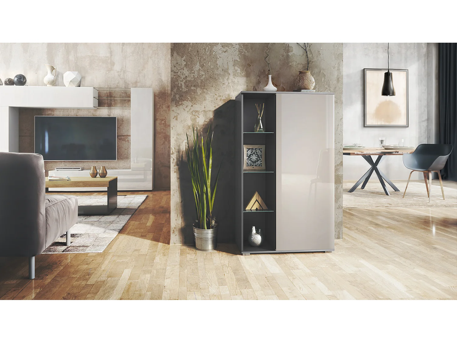 Vetrina Davos, vetrina indipendente con 3 ripiani in vetro e 8 vani, antracite opaco /grigio sabbia lucido  (71,5 x 134 x 35 cm)