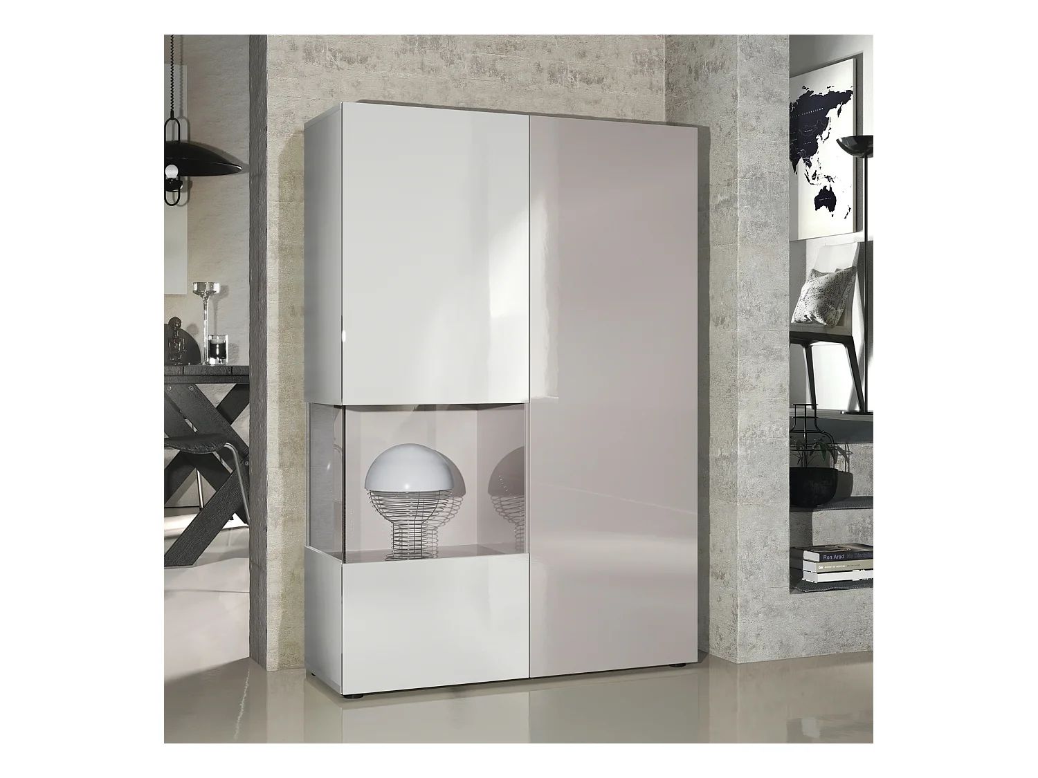 Vitrine Armoire Morena, Corps en Blanc mat / Porte droite et insert en Gris sable haute brillance