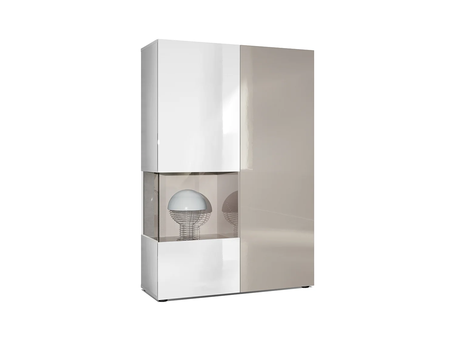 Vitrina Cómoda Morena, cuerpo en blanco mate/ puerta derecha e inserción en gris arena de alto brillo