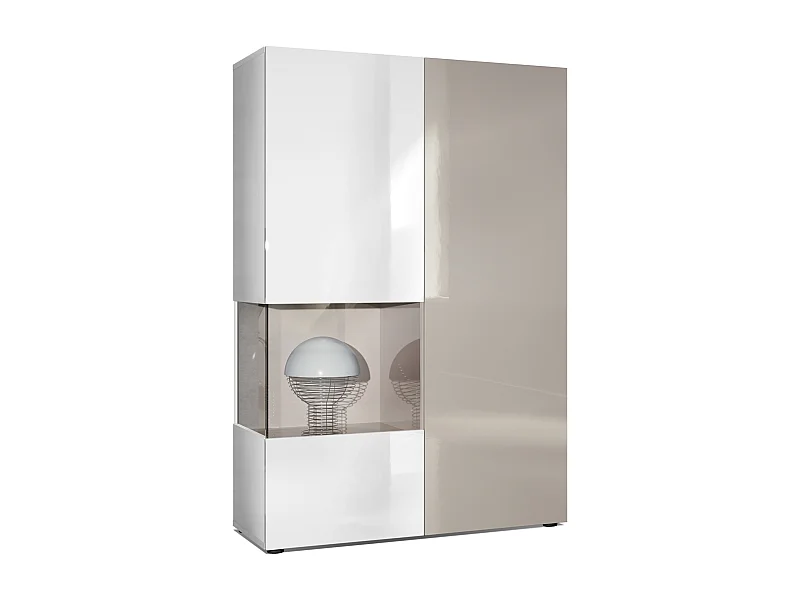 Vitrine Armoire Morena, Corps en Blanc mat / Porte droite et insert en Gris sable haute brillance