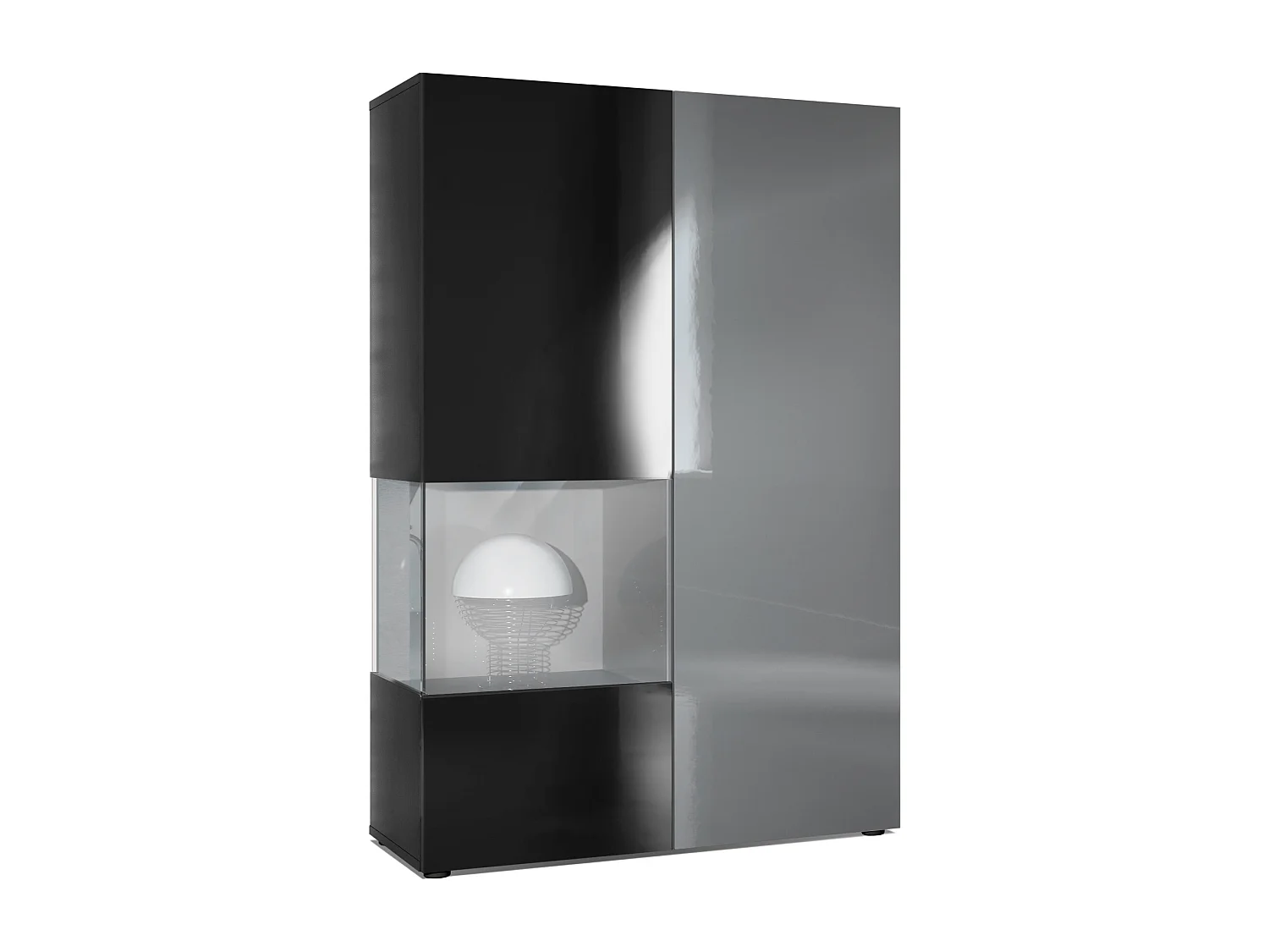 Vitrine Armoire Morena, Corps en Noir mat / Porte droite et insert en Gris haute brillance