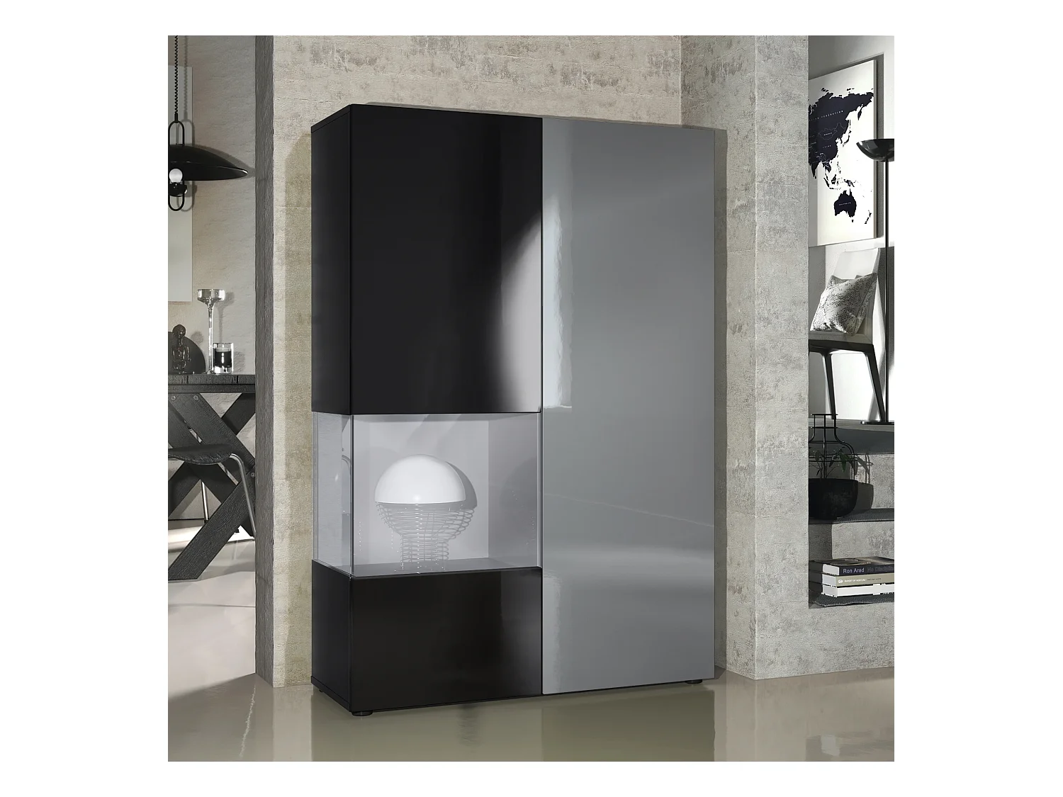 Vitrine Armoire Morena, Corps en Noir mat / Porte droite et insert en Gris haute brillance