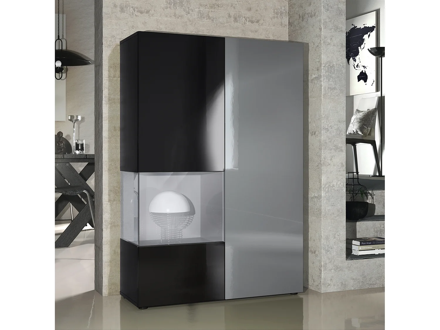 Armadio espositivo alto Morena, struttura in nero opaco / anta destra e inserto in grigio lucido