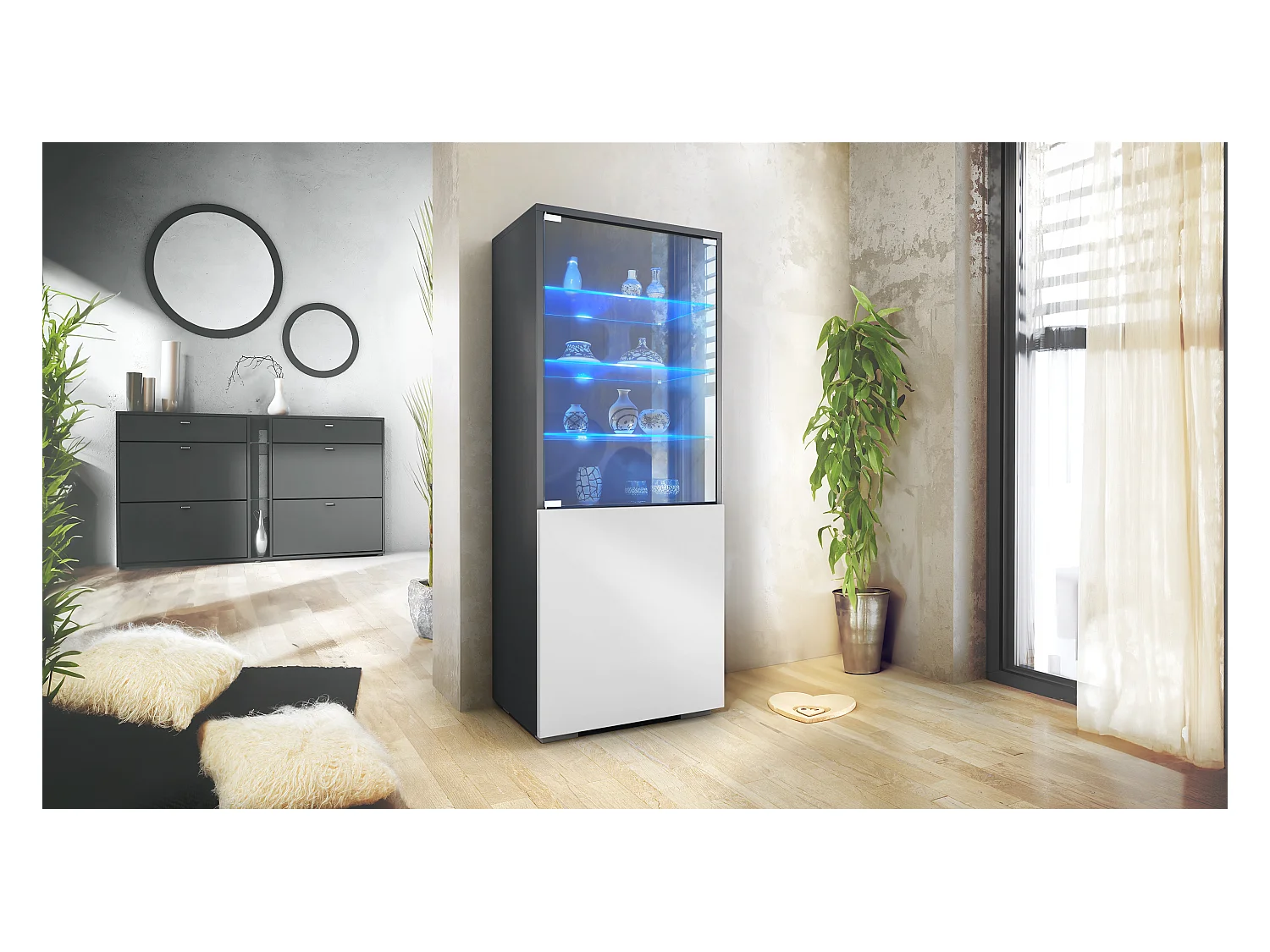 Vitrine Granada de , Armoire Vitrée Made in Germany avec Porte en Verre et Insert en Verre y compris LED, anthracite mat/blanc mat (50 x 122,5 x 34,5 cm)