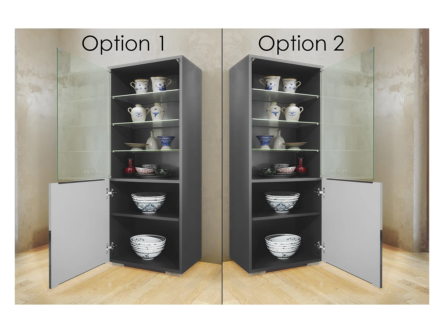 Vitrine Granada de , Armoire Vitrée Made in Germany avec Porte en Verre et Insert en Verre y compris LED, anthracite mat/blanc mat (50 x 122,5 x 34,5 cm)