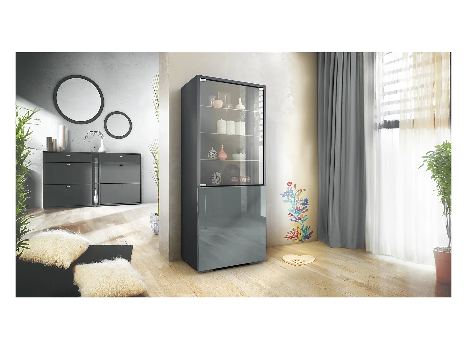 Vitrine Granada de , Armoire Vitrée Made in Germany avec Porte en Verre et Insert en Verre, anthracite mat/gris haute brillance (50 x 122,5 x 34,5 cm)