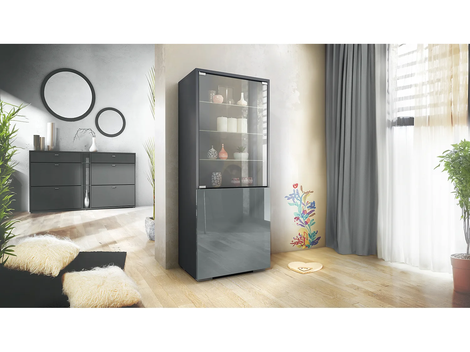 Vetrina Granada di Vladon, Armadio Vetrina Made in Germany con Porta in Vetro e Inserto in Vetro, antracite opaco /grigio lucido (50 x 122,5 x 34,5 cm)