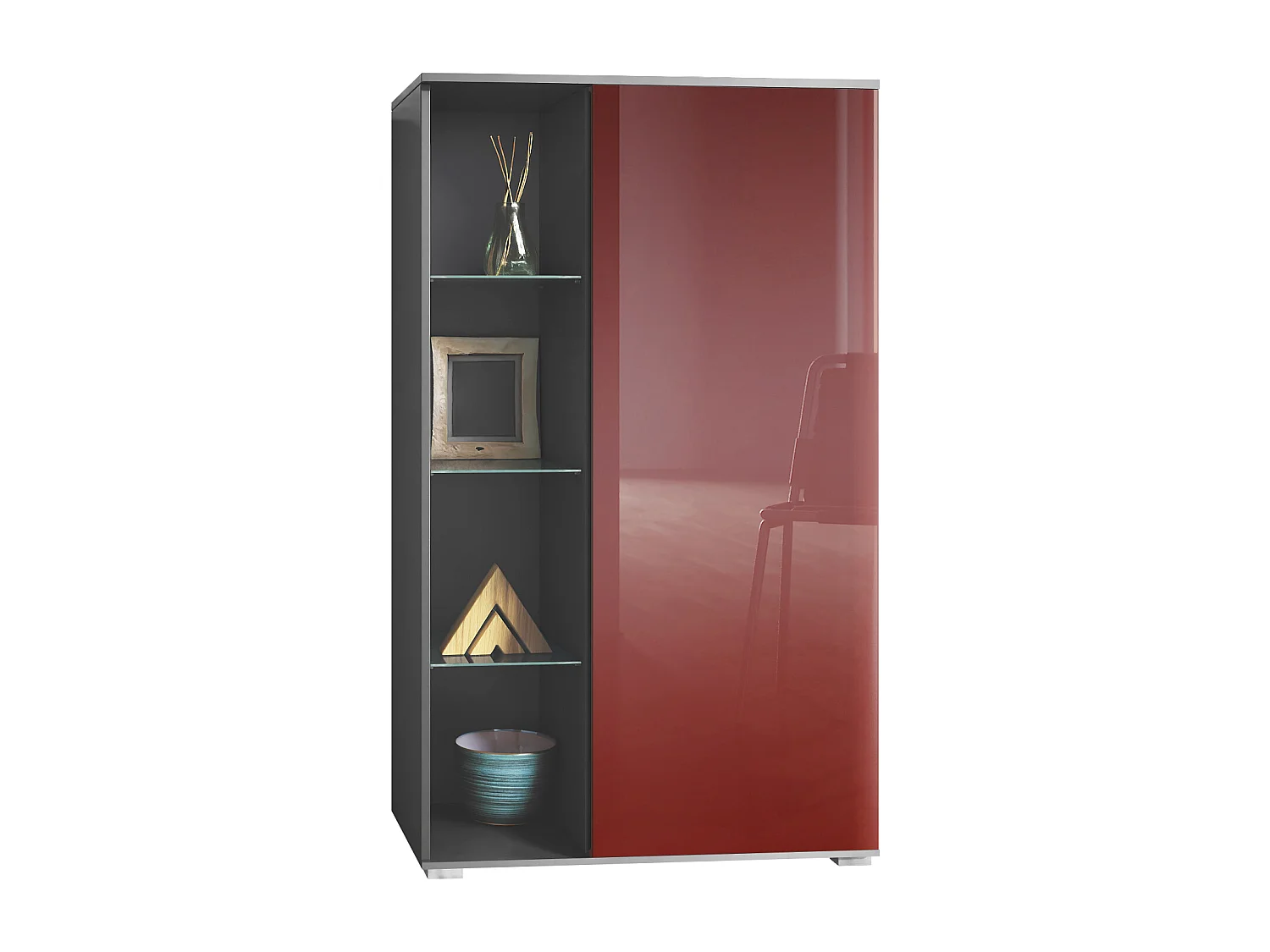 Vitrine Davos, vitrine sur pied avec 3 étagères en verre et 8 compartiments, anthracite mat/bordeaux haute brillance  (71,5 x 134 x 35 cm)