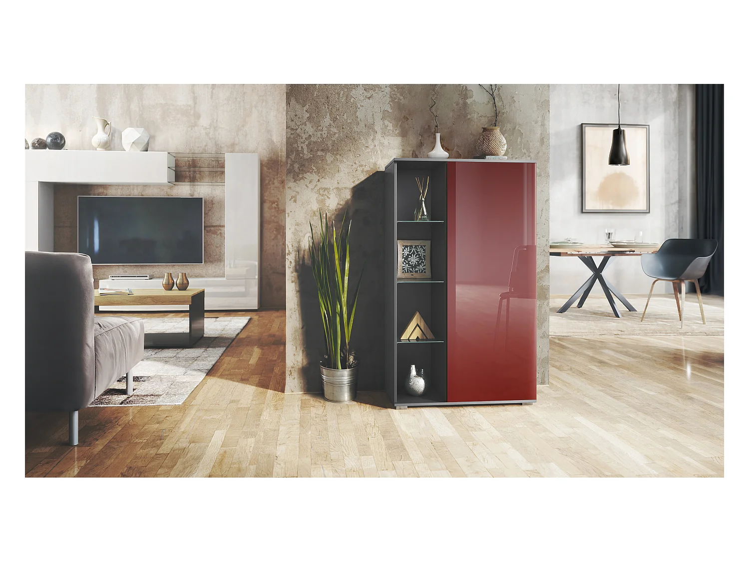 Vitrine Davos, vitrine sur pied avec 3 étagères en verre et 8 compartiments, anthracite mat/bordeaux haute brillance  (71,5 x 134 x 35 cm)