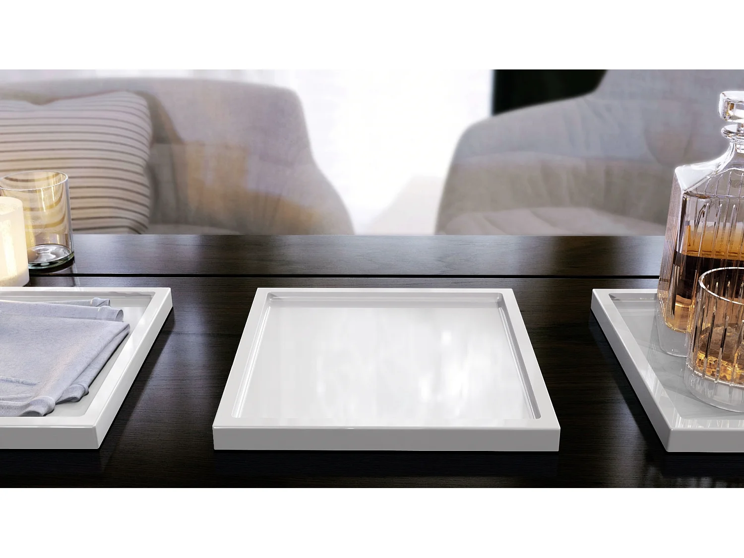 Décoration de table Maya, Plateau rectangulaire décoratif et moderne, Blanc haute brillance (20 x 1,8 x 20 cm)