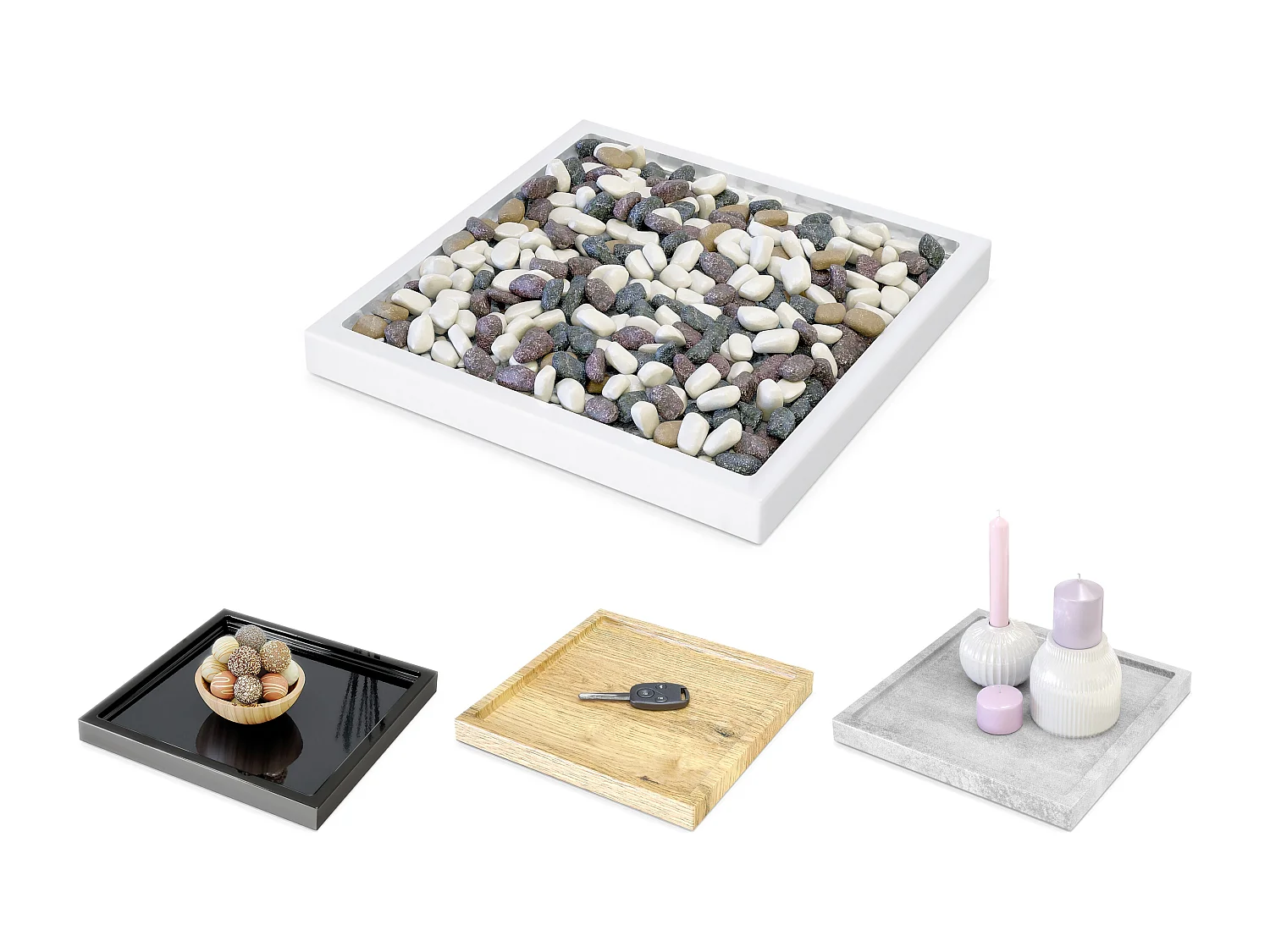 Décoration de table Maya, Plateau rectangulaire décoratif et moderne, Blanc haute brillance (20 x 1,8 x 20 cm)