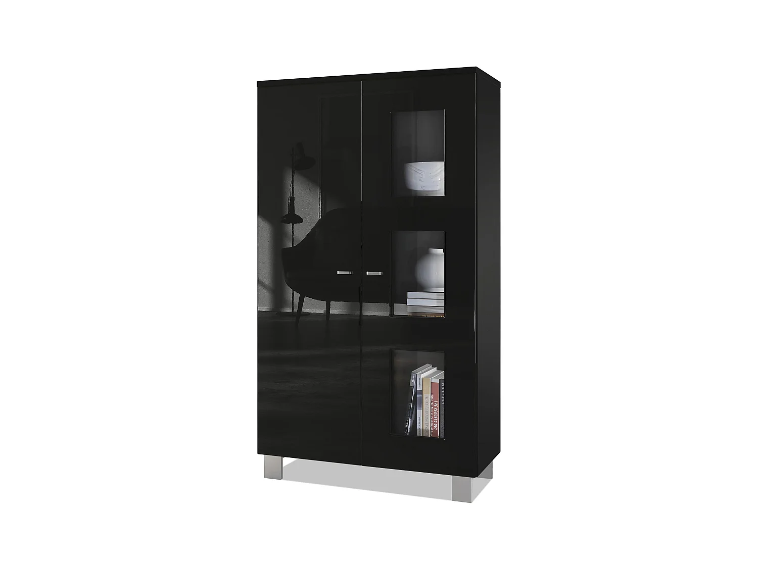Vitrine de salon Denjo, Vitrine sur pied avec 2 portes et 3 vitres, Noir mat/Noir haute brillance (71 x 129 x 35 cm)