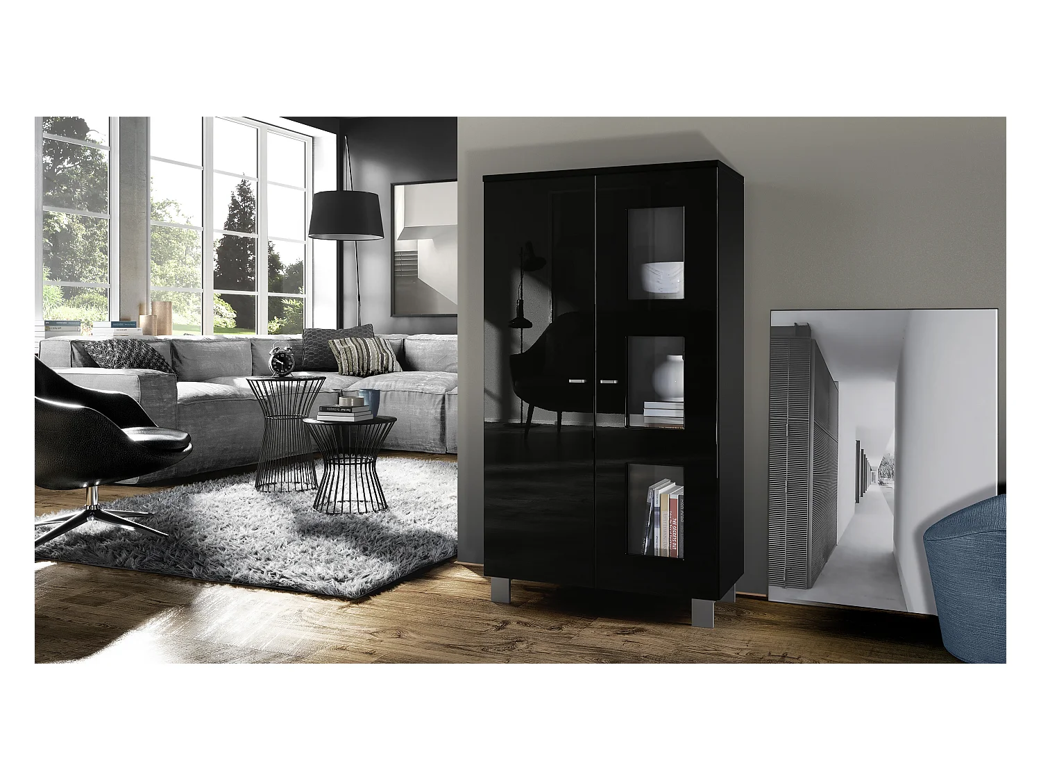 Vitrine de salon Denjo, Vitrine sur pied avec 2 portes et 3 vitres, Noir mat/Noir haute brillance (71 x 129 x 35 cm)