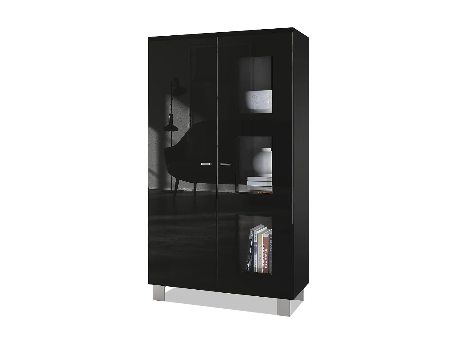 Vetrina  Denjo, vetrina indipendente con 2 ante e 3 pannelli in vetro, nero opaco/nero lucido