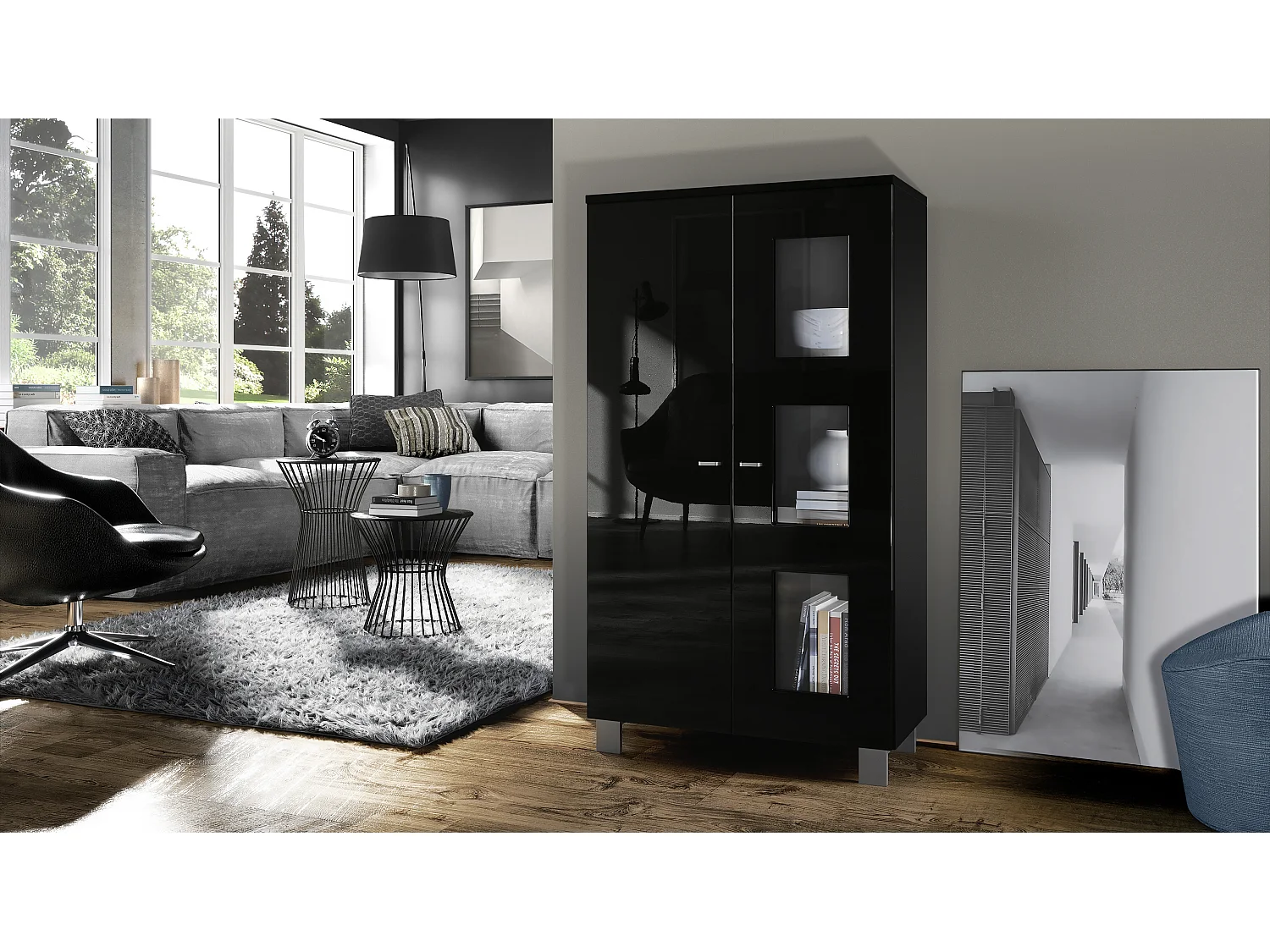 Vetrina  Denjo, vetrina indipendente con 2 ante e 3 pannelli in vetro, nero opaco/nero lucido