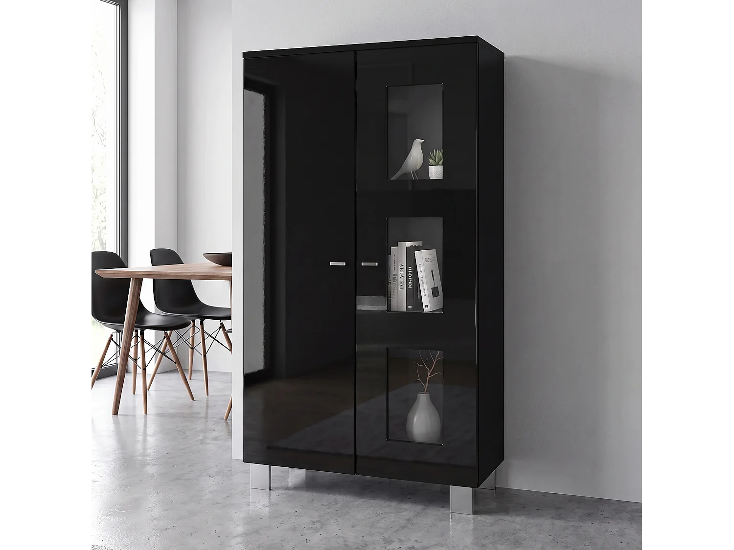 Vitrine de salon Denjo, Vitrine sur pied avec 2 portes et 3 vitres, Noir mat/Noir haute brillance (71 x 129 x 35 cm)