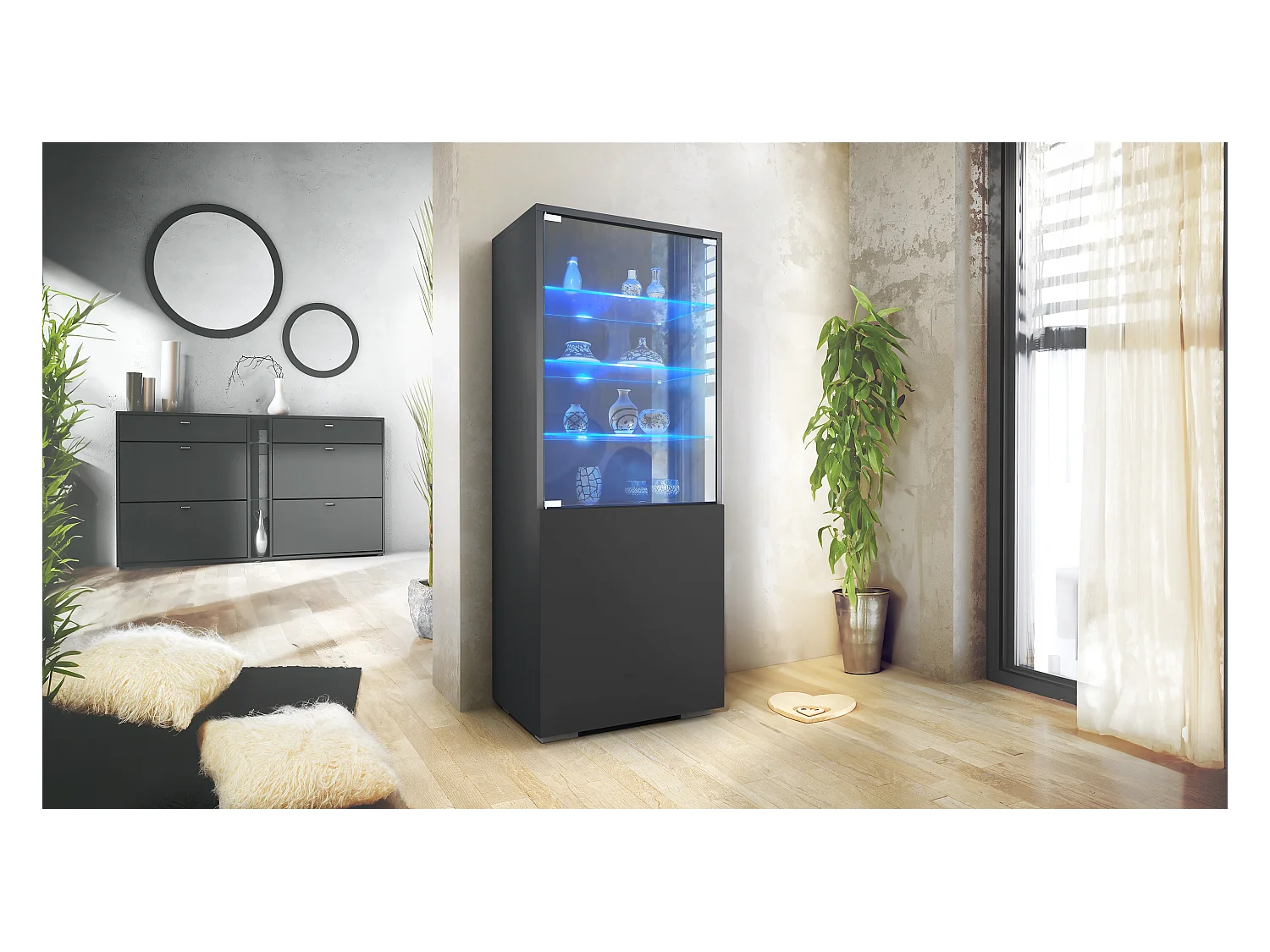 Vitrine Granada de , Armoire Vitrée Made in Germany avec Porte en Verre et Insert en Verre y compris LED, anthracite mat/noir mat (50 x 122,5 x 34,5 cm)