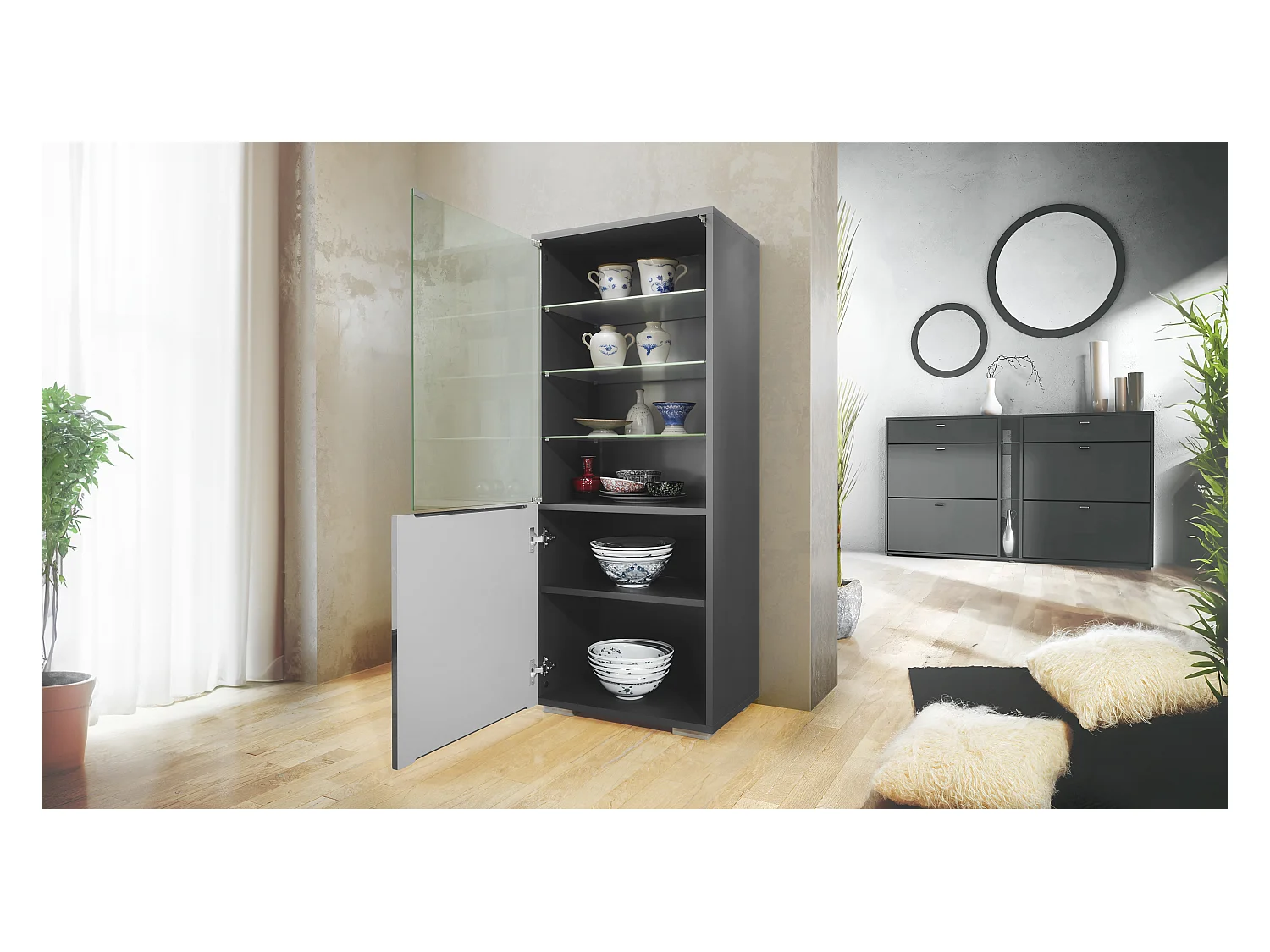Vitrine Granada de , Armoire Vitrée Made in Germany avec Porte en Verre et Insert en Verre y compris LED, anthracite mat/noir mat (50 x 122,5 x 34,5 cm)