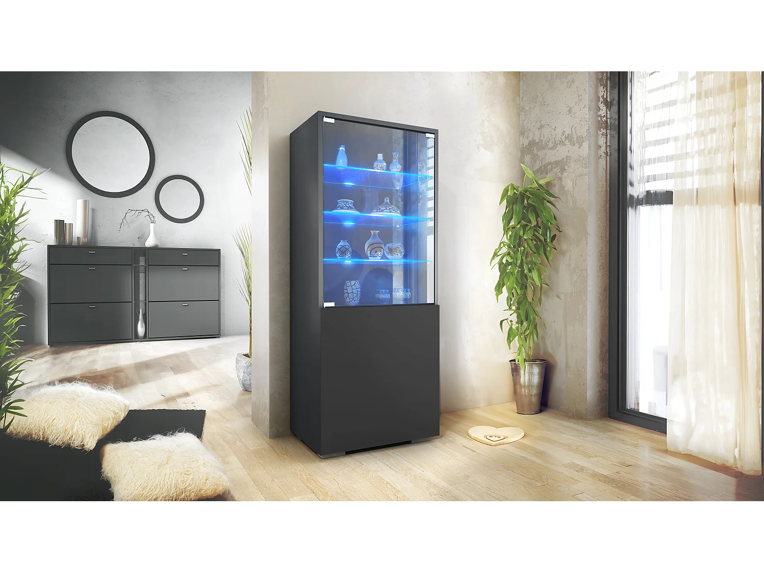 Vetrina Granada di Vladon, Armadio Vetrina Made in Germany con Porta in Vetro e Inserto in Vetro incl. LED, antracite opaco /nero opaco (50 x 122,5 x 34,5 cm)