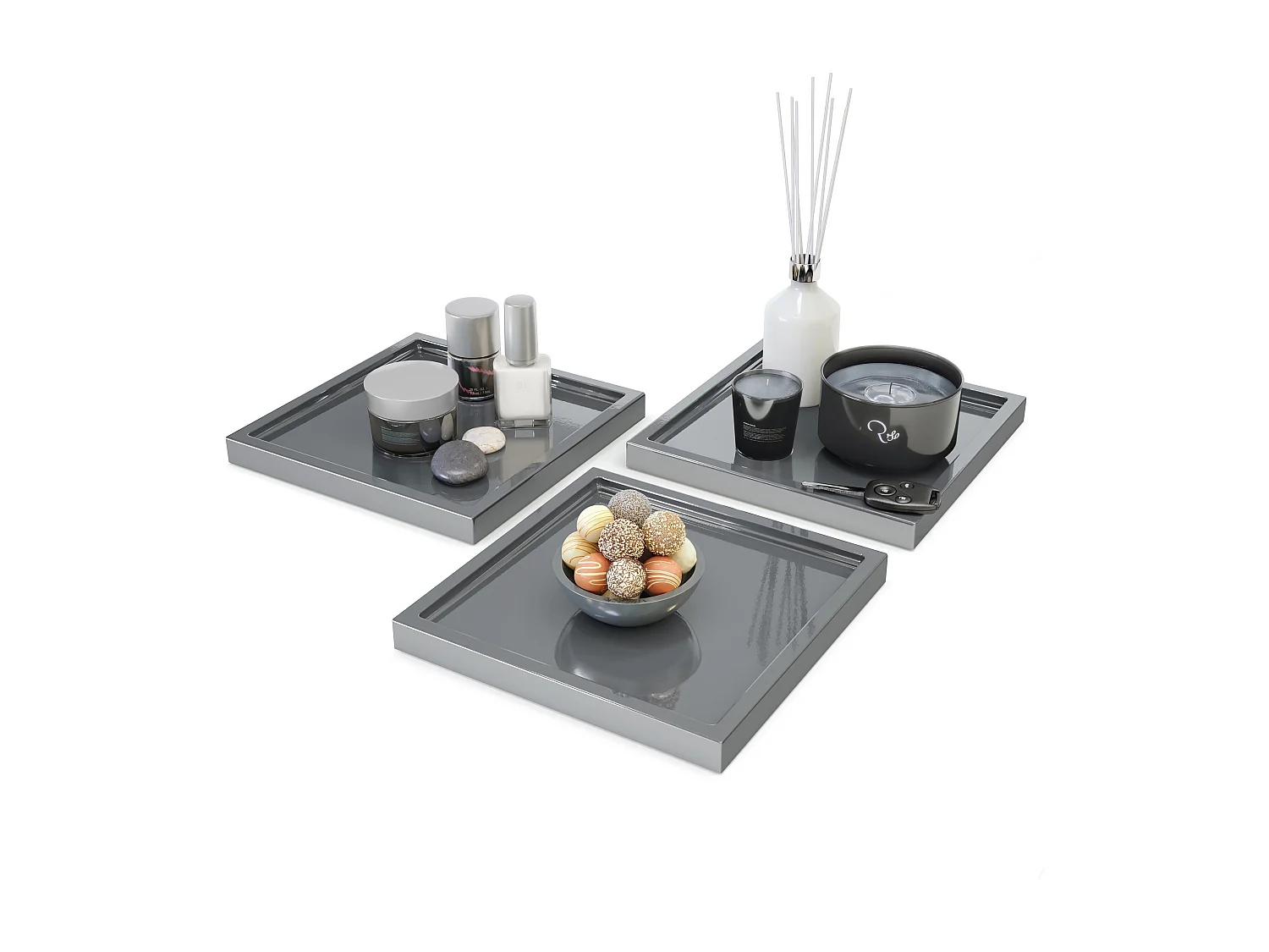 Décoration de table Maya, Plateau rectangulaire décoratif et moderne, Gris haute brillance, 3 pièces (20 x 1,8 x 20 cm)