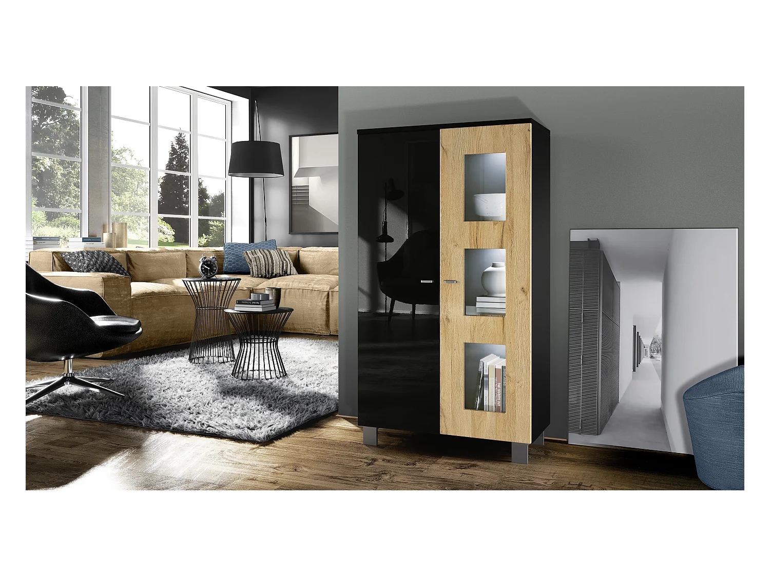 Vitrine de salon Denjo, Vitrine sur pied avec 2 portes et 3 vitres, Noir mat/Noir haute brillance/Chêne Nature, éclairage LED inclus (71 x 129 x 35 cm)