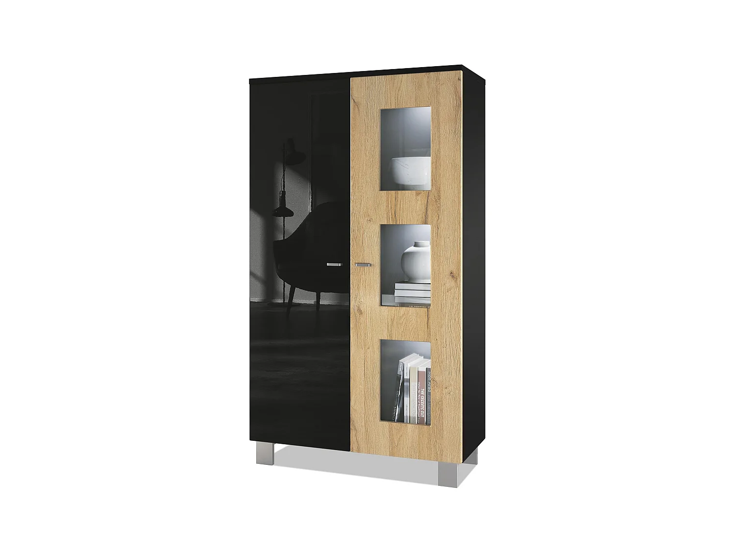 Vladon Vitrina Denjo, Cristalera con 2 Puertas y 3 Estantes de cristal, Negro mate/Negro de alto brillo/Roble natural, incluida iluminación LED (71 x 129 x 35 cm)