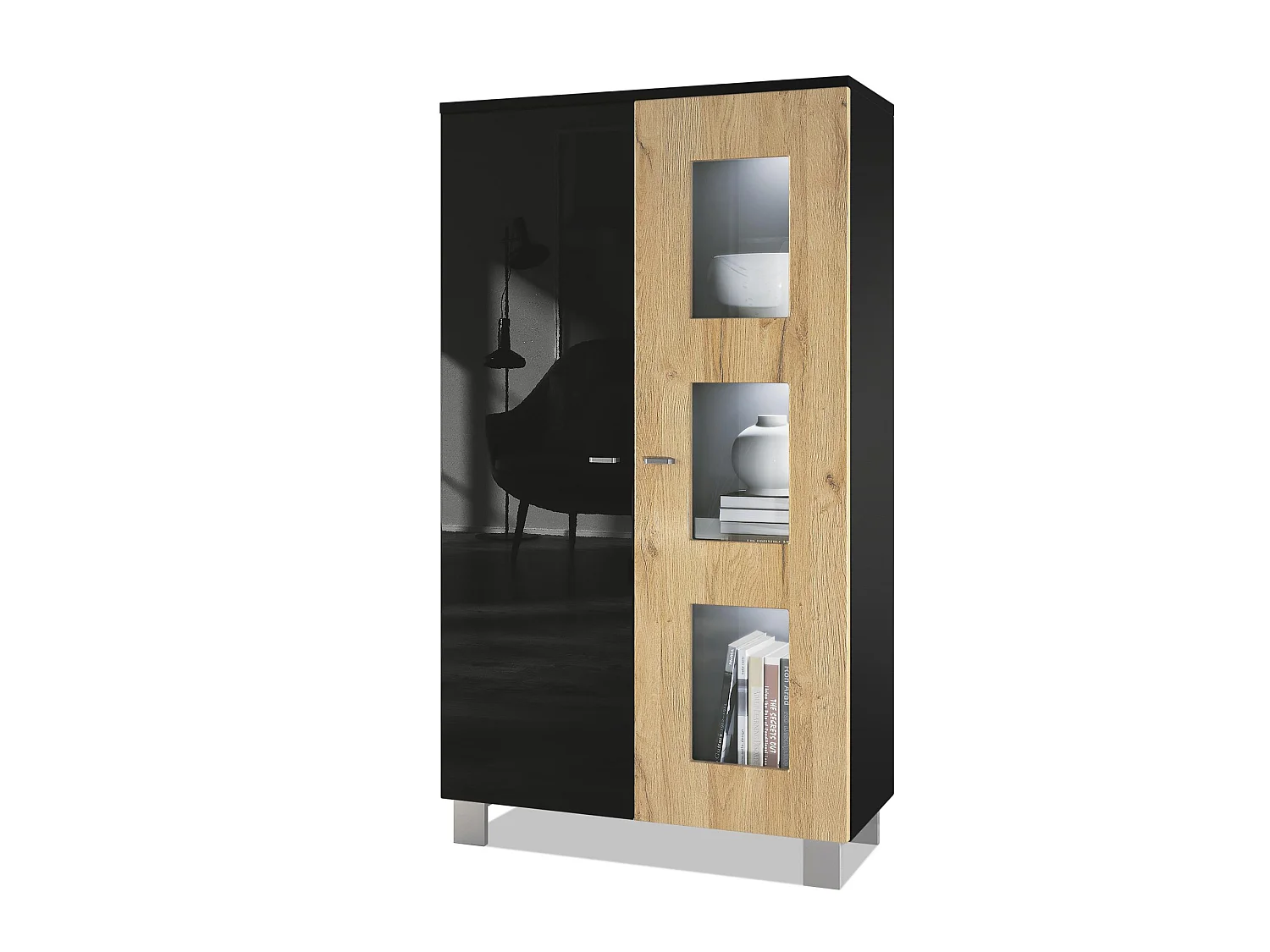 Vitrine de salon Denjo, Vitrine sur pied avec 2 portes et 3 vitres, Noir mat/Noir haute brillance/Chêne Nature, éclairage LED inclus (71 x 129 x 35 cm)