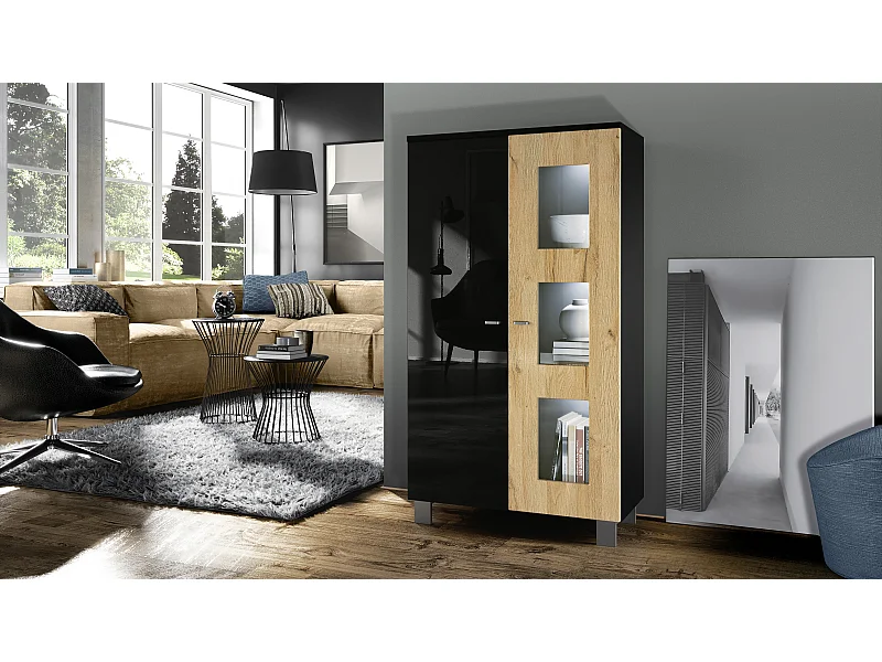 Vitrine de salon Denjo, Vitrine sur pied avec 2 portes et 3 vitres, Noir mat/Noir haute brillance/Chêne Nature, éclairage LED inclus (71 x 129 x 35 cm)