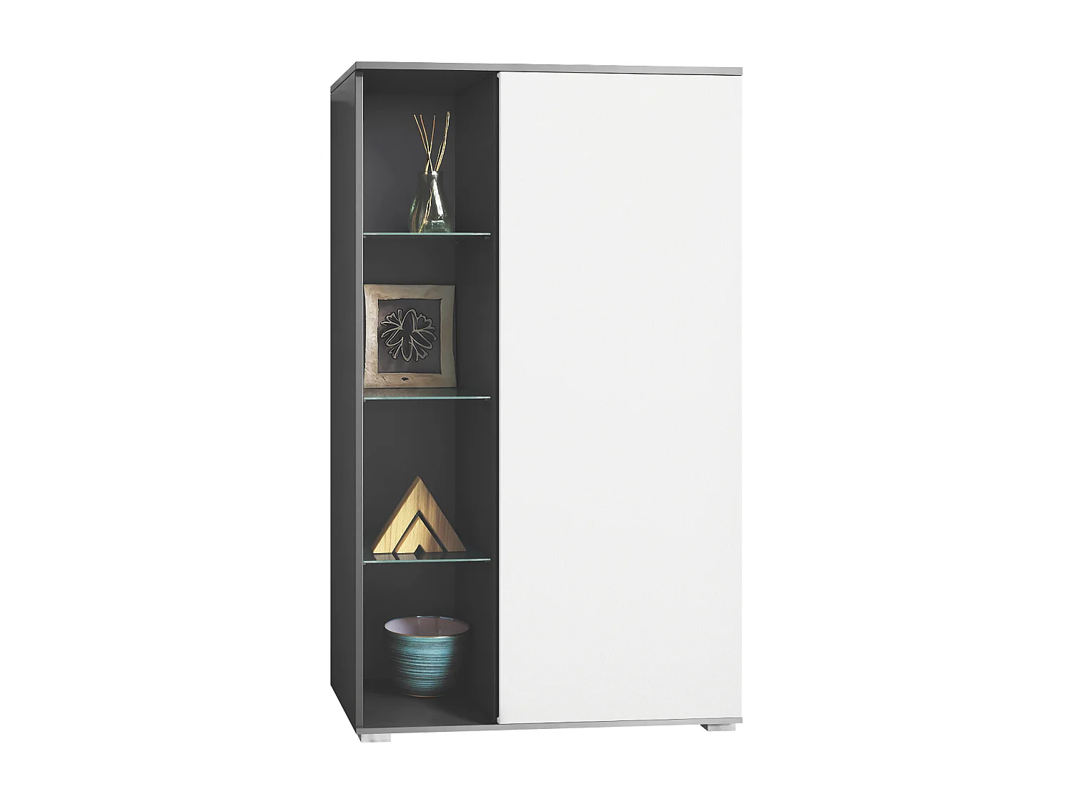 Vetrina Davos, vetrina indipendente con 3 ripiani in vetro e 8 vani, antracite opaco /bianco opaco  (71,5 x 134 x 35 cm)